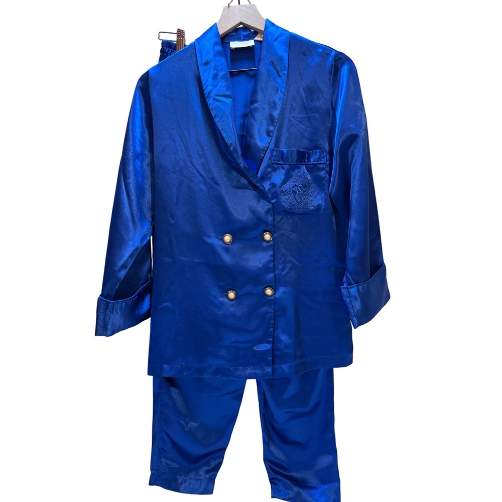 Vintage 80s VS Gold Label Pajama Set Size S Royal Blue Satin Regencycore Elegant